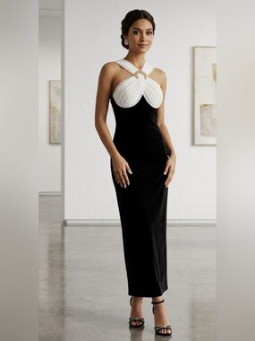 Vintage Night Studio Black Maxi Dress with White Crossed Bodice